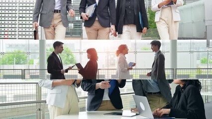 Aufkleber - Collage movie of various business scenes. Wipe transition from white background.