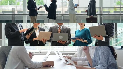 Aufkleber - Collage movie of various business scenes. Wipe transition from white background.