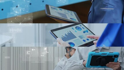 Aufkleber - Collage movie of group of engineers using tablet PC and digital data concept. Wipe transition from white background.