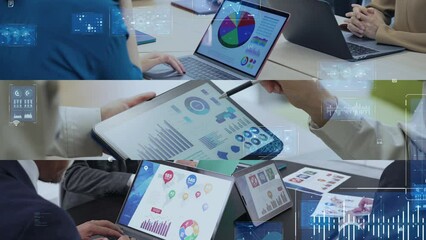 Poster - Collage movie of various business scenes and digital data concept. Wipe transition from white background.