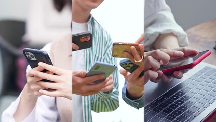 Poster - Collage movie of group of people using smart phone. Wipe transition from white background.