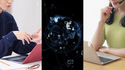 Poster - Collage movie of group of people calling with video conference system  and communication network concept. Wipe transition from white background.