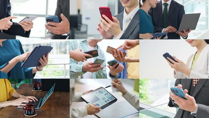 Poster - Collage movie of group of people using smart phone. Scale transition animation.