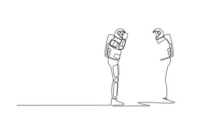 Poster - Self drawing animation of single line draw astronaut holding face on reflection mirror. Spaceman looking at mirror for shaving or trimming. Cosmic galaxy. Continuous line draw. Full length animated