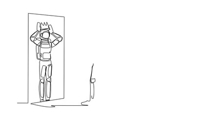Poster - Animated self drawing of continuous line draw young astronaut looking at mirror and seeing in reflection of himself with crown on his head. Cosmonaut deep space concept. Full length one line animation