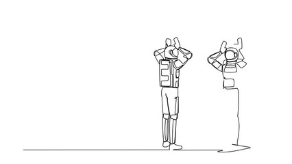 Poster - Animated self drawing of continuous line draw astronaut looking himself in mirror reflection with lifting up trophy. Success in space exploration. Cosmonaut space. Full length single line animation