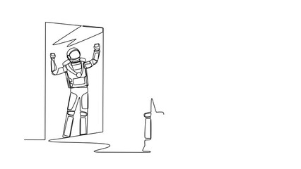 Poster - Self drawing animation of single line draw astronaut looking at mirror seeing in reflection of himself with medal. Winning space competition. Cosmic galaxy. Continuous line draw. Full length animated