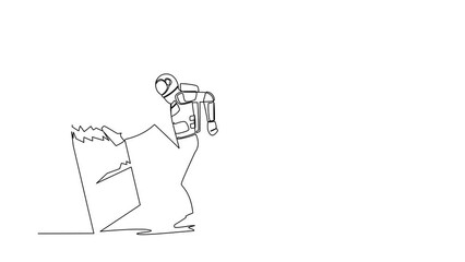 Poster - Animated self drawing of continuous line draw astronaut kicked mirror and shattered. Breaking impossible barrier. Breakthrough in space expedition. Cosmonaut deep space. Full length one line animation