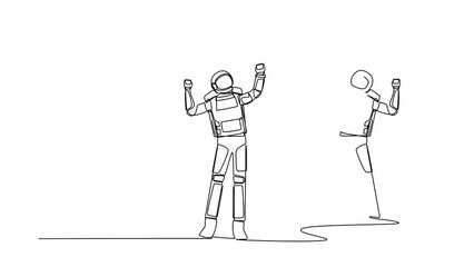 Poster - Animated self drawing of continuous line draw astronaut look in mirror with raised hands. Reflection in mirror. Victory or success in space expedition. Cosmonaut space. Full length one line animation