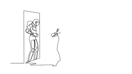 Poster - Animated self drawing of continuous line draw astronaut standing front of mirror see himself getting big belly and fix his belt. Obesity spaceman. Cosmonaut deep space. Full length one line animation