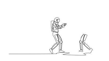 Poster - Animated self drawing of continuous line draw narcissistic astronaut looks pointing himself at mirror. Narcissism working in spaceship company. Cosmonaut outer space. Full length single line animation