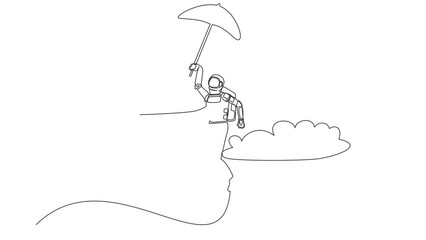 Poster - Self drawing animation of single line draw astronaut with umbrella through cloud. Reaches goal, target, find solution in moon spacewalk. Cosmic galaxy space. Continuous line draw. Full length animated