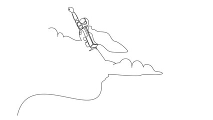 Poster - Animated self drawing of continuous line draw super astronaut in cloak flying up to cloud sky. Spaceship startup business idea or launching. Cosmonaut outer space. Full length single line animation