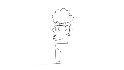 Poster - animated self drawing of continuous line draw of young astronaut with empty head and cloud instead. 