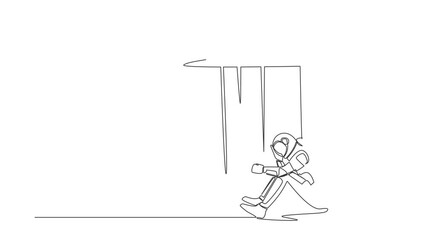 Poster - Self drawing animation of single line draw astronaut feeling stress and sad. Sitting under rain cloud due to space expedition failure. Cosmic galaxy space. Continuous line draw. Full length animated