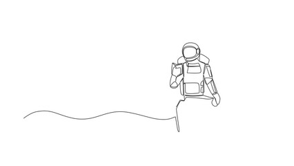 Poster - Animated self drawing of continuous line draw astronaut sitting on cloud reading book. Study literature or research in wormhole exploration. Cosmonaut outer space. Full length single line animation
