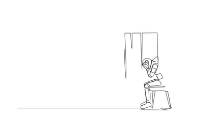 Poster - Animated self drawing of continuous line draw sad astronaut sitting on chair under rain cloud. Worried about impact economic crisis in space company. Cosmonaut space. Full length one line animation