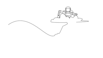 Poster - Animated self drawing of single continuous line draw astronaut hang in clouds. Hoping for successful spaceship exploring or expedition project. Cosmonaut deep space. Full length one line animation
