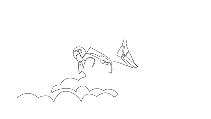 Poster - Self drawing animation of single line draw astronaut lay on clouds. Relaxes and resting after spaceship interstellar expedition. Cosmic galaxy space concept. Continuous line draw. Full length animated