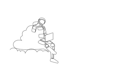 Poster - Animated self drawing of continuous line draw astronaut sitting on cloud in sky working with laptop. Wireless internet connection in space control. Cosmonaut space. Full length single line animation