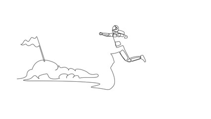 Poster - Self drawing animation of single line draw astronaut jump over clouds to reach success, target, flag. Taking risk spaceship business project. Cosmic galaxy. Continuous line draw. Full length animated