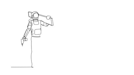 Poster - Animated self drawing of continuous line draw astronaut standing with board, tool box, and drill. Preparation home reparation on moon surface. Cosmonaut outer space. Full length single line animation