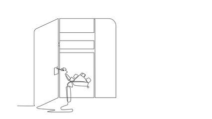 Poster - Animated self drawing of continuous line draw young astronaut carpenter assembling of wardrobe or cabinet with shelves. Future home decoration. Cosmonaut deep space. Full length one line animation