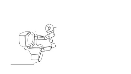 Poster - Animated self drawing of continuous line draw astronaut fix plumbing toilet leakage or clogging in moon surface. Plumber repair household tool. Cosmonaut deep space. Full length one line animation