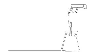 Poster - Animated self drawing of continuous line draw of astronaut technician repairing air conditioner. Spaceman ability to repair operating system. Cosmonaut outer space. Full length single line animation