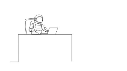 Poster - Animated self drawing of continuous line draw astronaut typing sending messages at working desk. Researching preparations for launching spacecraft. Cosmonaut space. Full length single line animation