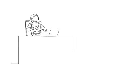 Poster - Animated self drawing of single continuous line draw of astronaut laughing out loud while pointing his finger at laptop computer in working desk. Cosmonaut deep space. Full length one line animation