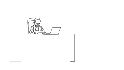 Fototapete - Animated self drawing of single continuous line draw astronaut relaxed at desk drink cup of coffee. Take break after exploring outer space planets. Cosmonaut deep space. Full length one line animation