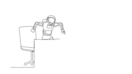 Poster - Animated self drawing of continuous line draw astronaut standing and shouting on laptop screen at working desk. Trouble in spaceship industry. Cosmonaut outer space. Full length single line animation