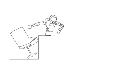 Poster - Self drawing animation of single line draw of frustrated astronaut angry and throwing laptop from working desk. Failed in spaceship company. Cosmic galaxy space. Continuous line. Full length animated