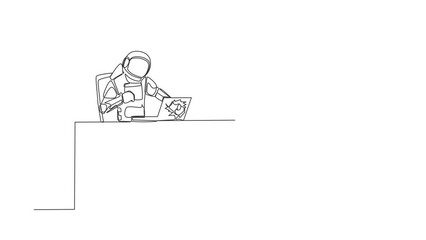 Poster - Self drawing animation of single one line draw young astronaut breaks his laptop computer hitting it with clenched fist at working desk. Cosmic galaxy space. Continuous line draw. Full length animated