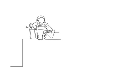 Poster - Self drawing animation of single line draw young astronaut looking at laptop computer screen in working desk. Spaceship crash tragedy. Cosmic galaxy space. Continuous line draw. Full length animated