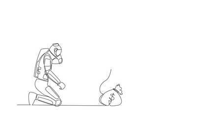 Poster - Animated self drawing of continuous one line draw astronaut kneeling watching money bag burning up. Global financial crisis impacted space industry. Cosmonaut space. Full length single line animation
