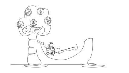 Poster - Self drawing animation of single line draw astronaut typing with laptop in hammock tied on money tree with dollar coin. Relaxing after expedition. Cosmic galaxy. Continuous line. Full length animated