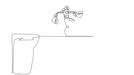 Poster - Animated self drawing of continuous line draw astronaut walk over cliff gap mountain carry two money bag. Risking, dangerous in space expedition. Cosmonaut deep space. Full length one line animation