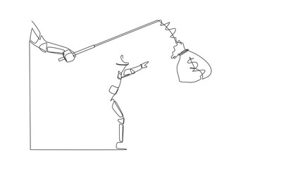 Poster - Self drawing animation of single line draw hand with fishing rod, money bag control greedy astronaut. Selfishness to get more bonus from space industry. Cosmic. Continuous line. Full length animated