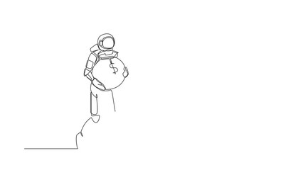 Poster - Self drawing animation of single one line draw of astronaut walking and carrying heavy money bag. Funding for future space technology. Cosmic galaxy space. Continuous line draw. Full length animated