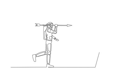 Poster - Animated self drawing of continuous line draw astronaut using blindfold shoot dart on target. Confused blindfold spaceman in interstellar wormhole. Cosmonaut deep space. Full length one line animation