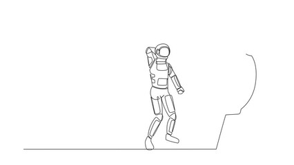 Poster - Animated self drawing of continuous line draw confused astronaut with arrow missed at target. Failed in launching rocket. Spaceship business failure. Cosmonaut space. Full length one line animation