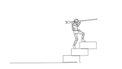 Poster - Self drawing animation of single line draw astronaut with stuck arrow on stairs towards target. Path to achieving galactic exploration goal so high. Cosmic space. Continuous line. Full length animated