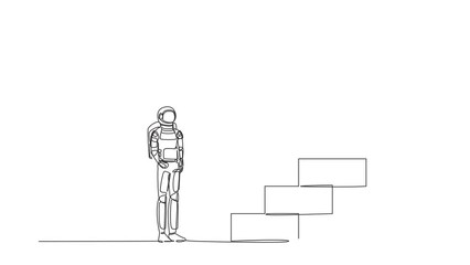 Poster - Self drawing animation of single line draw astronaut standing in front of stairway to high target. Spacecraft business industry growth to success. Cosmic galaxy. Continuous line. Full length animated