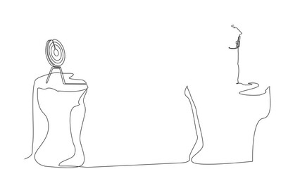 Poster - Animated self drawing of continuous one line draw astronaut standing on cliff with binoculars looking for target on another cliff. Focus in innovation. Outer space. Full length single line animation