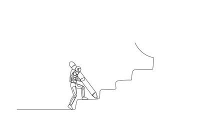 Poster - Animated self drawing of continuous line draw astronaut use pencil to draw rising up stairs. Strategy reach space company target. Spaceman career path. Cosmonaut space. Full length one line animation