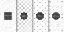 Set Of Seamless Geometric Patterns In Dark Gray And White. Minimal, Modern, And Elegant Patterns With Small Geometric Elements.
