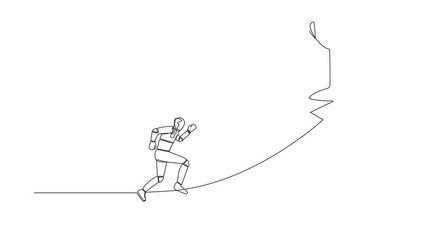 Poster - animated self drawing of single continuous line draw of robot running on forward arrow to get trophy