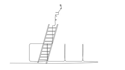 Poster - Self drawing animation of single line draw robot climb ladder standing with fist up gesture on graphic bar beside huge trophy. Artificial intelligence process. Continuous line. Full length animated